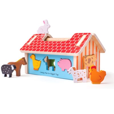 Wooden farm animal shape sorting toy by Bigjigs baby