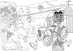 farmyard and vintage tractor free colouring sheet for kids