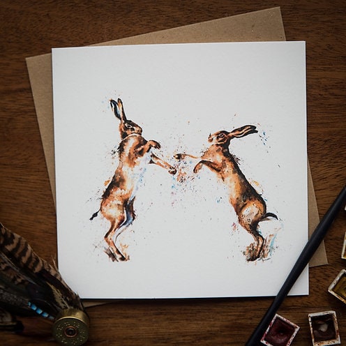Boxing hares birthday card