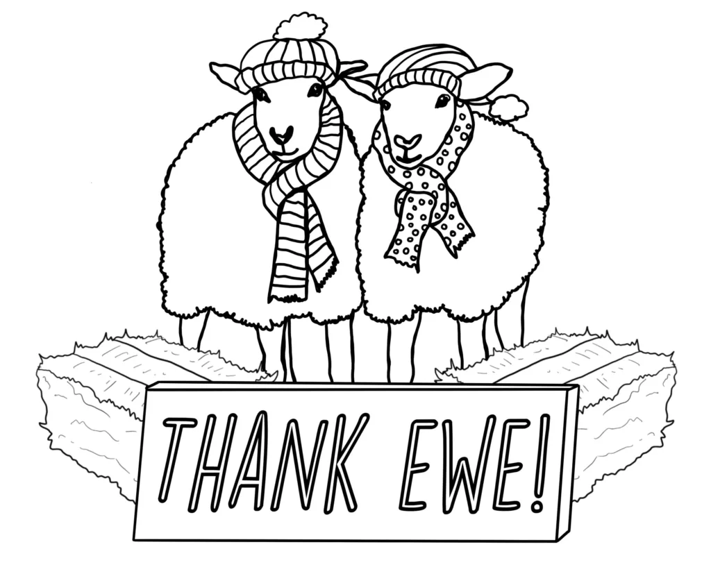Thank ewe cards for kids - farm colouring activities
