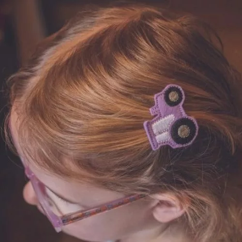 handmade tractor hair clip in purple