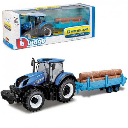 New Holland tractor toy with log trailer bburago