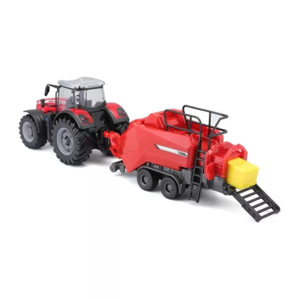 Red toy farm tractor with baler toy