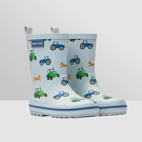 Tractor ted wellies for kids, pale blue midge and tractor friends pull on wellies
