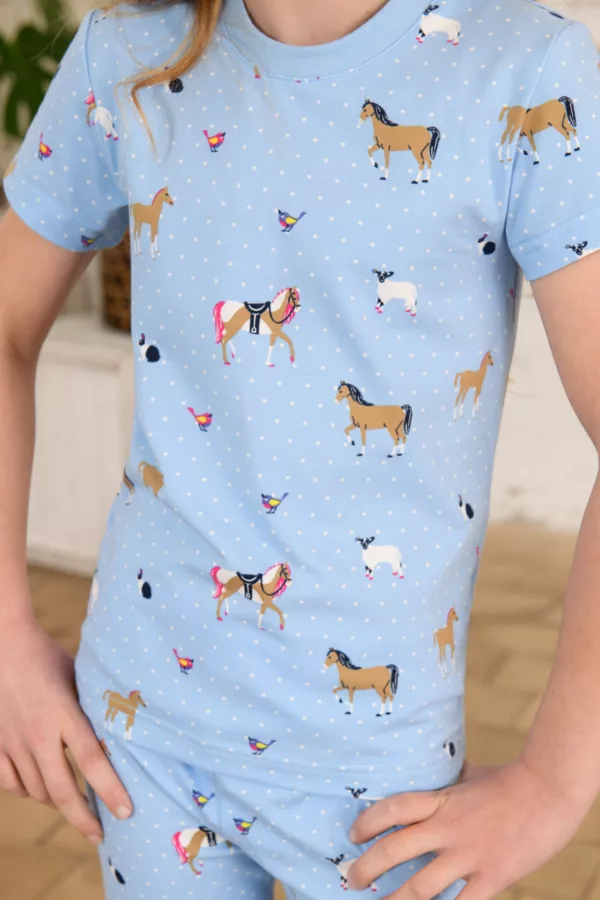Light blue short sleeved horse pyjamas for girls